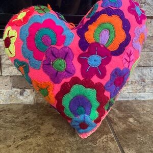 Colorful Handcrafted Mexican Folklore Heart Pillow - Vibrant Pink Floral Accent